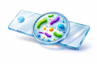 Microscopic Bacteria And Viruses On A Laboratory Slide