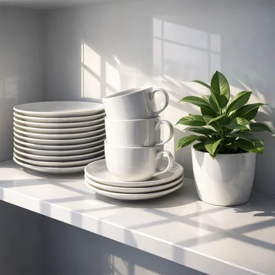 Stack Of White Ceramic Plates And Cups With Plant