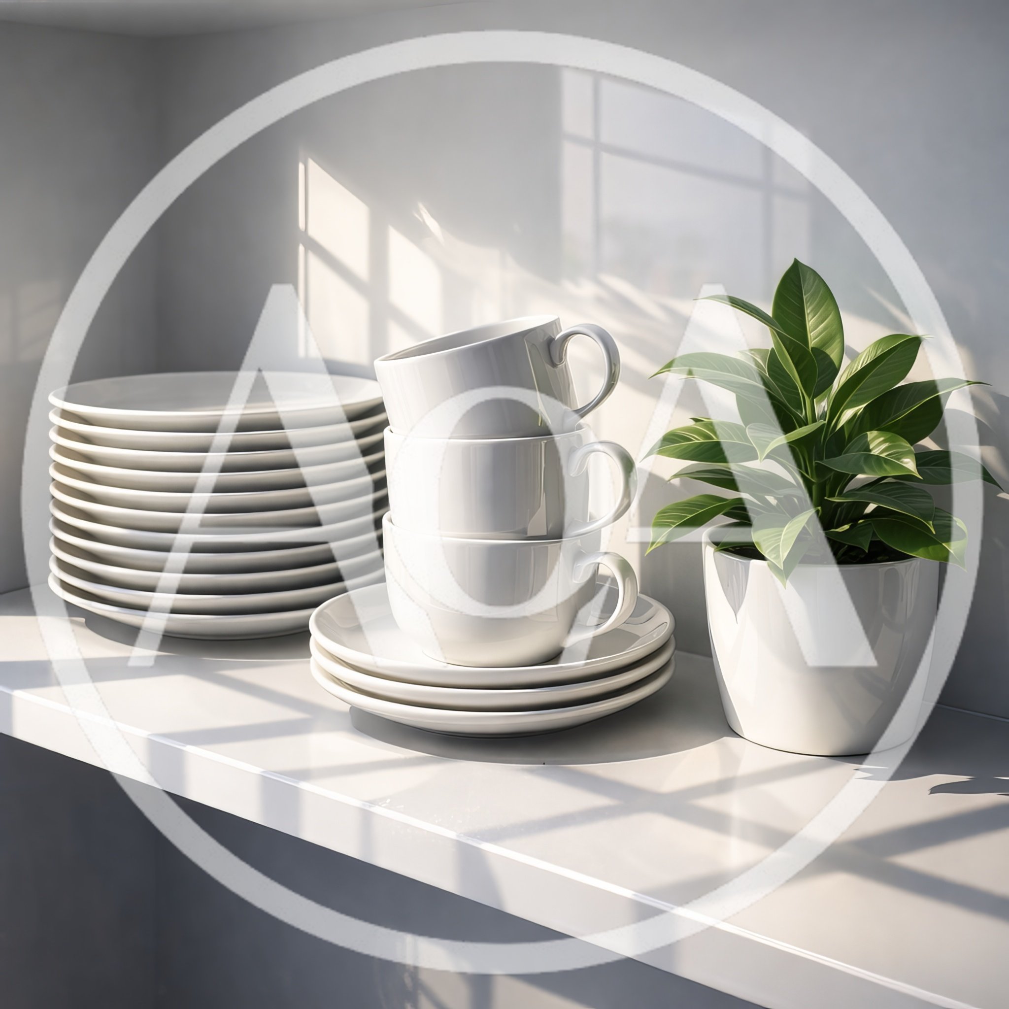 Stack Of White Ceramic Plates And Cups With Plant