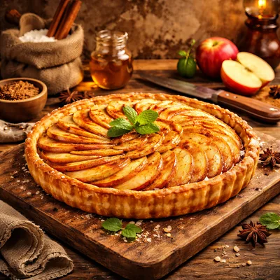 Freshly Baked Apple Tart on Rustic Wooden Board