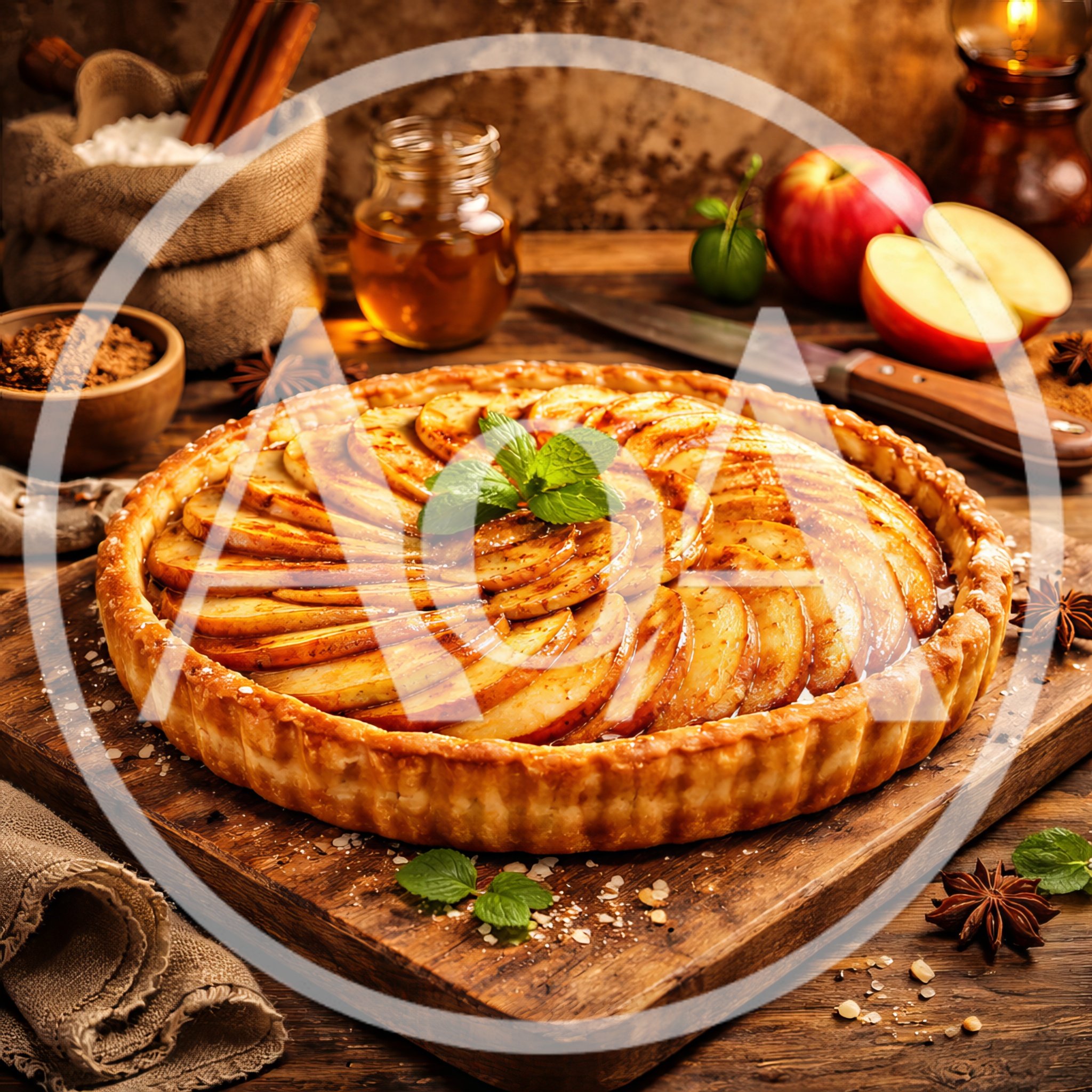 Freshly Baked Apple Tart on Rustic Wooden Board