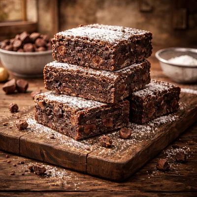 Stack Of Homemade Chocolate Brownies On Wooden Board