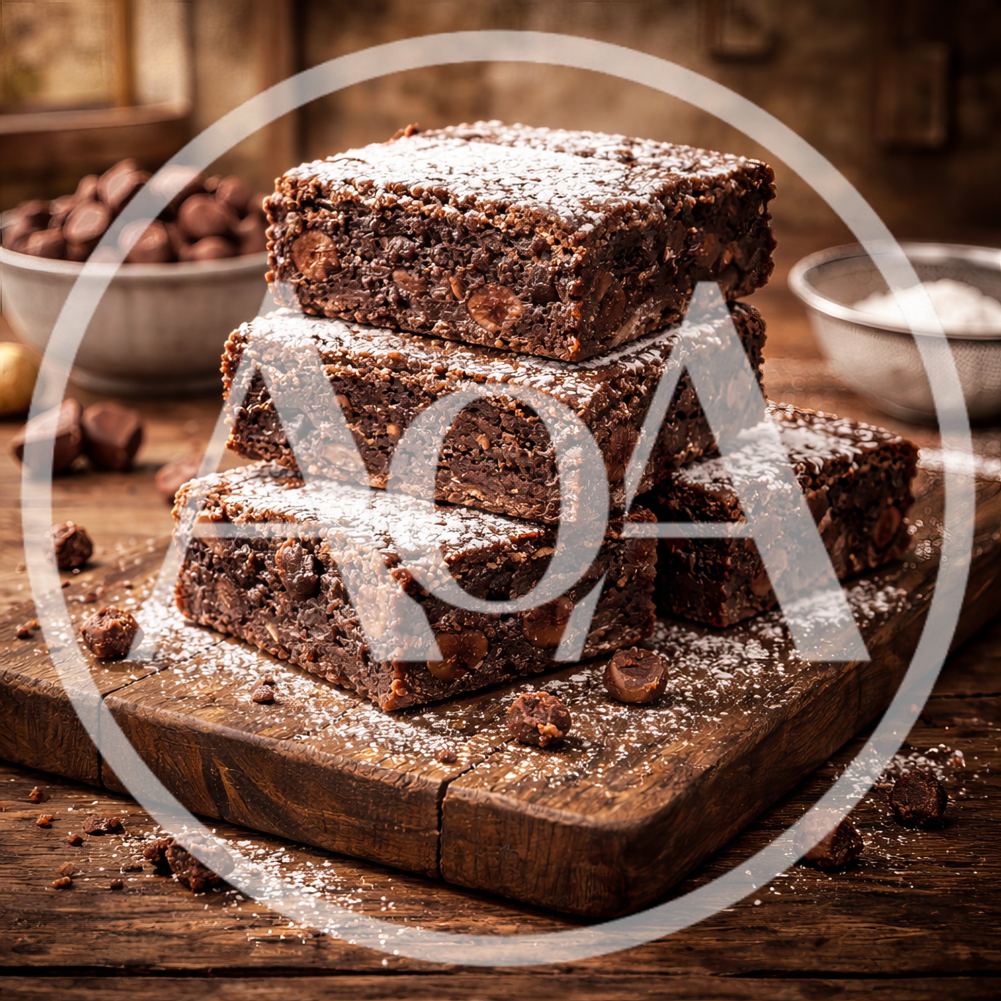 Stack Of Homemade Chocolate Brownies On Wooden Board
