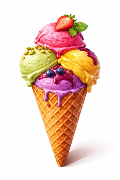 Four Scoop Ice Cream Cone With Fruit Toppings