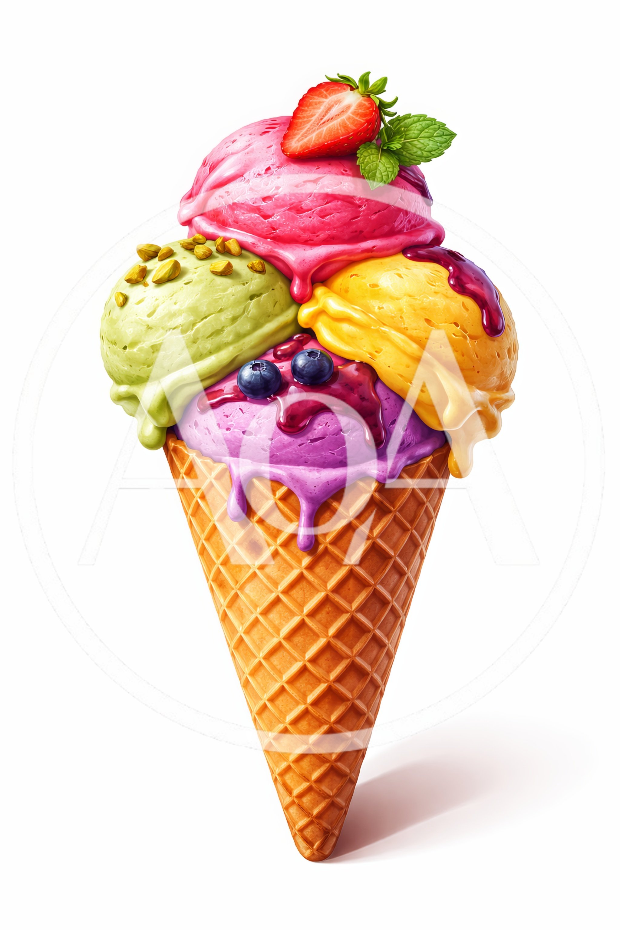 Four Scoop Ice Cream Cone With Fruit Toppings