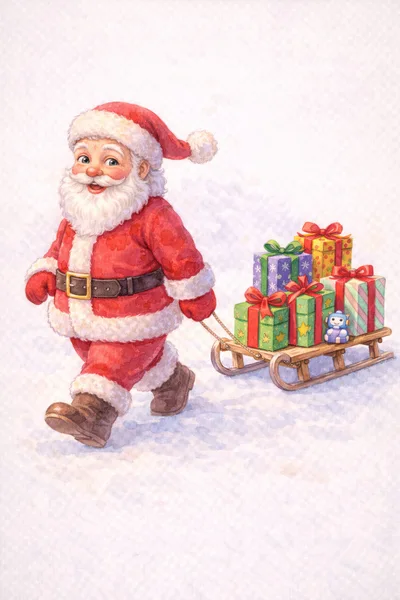 Santa Claus Pulling A Sleigh Full Of Christmas Gifts