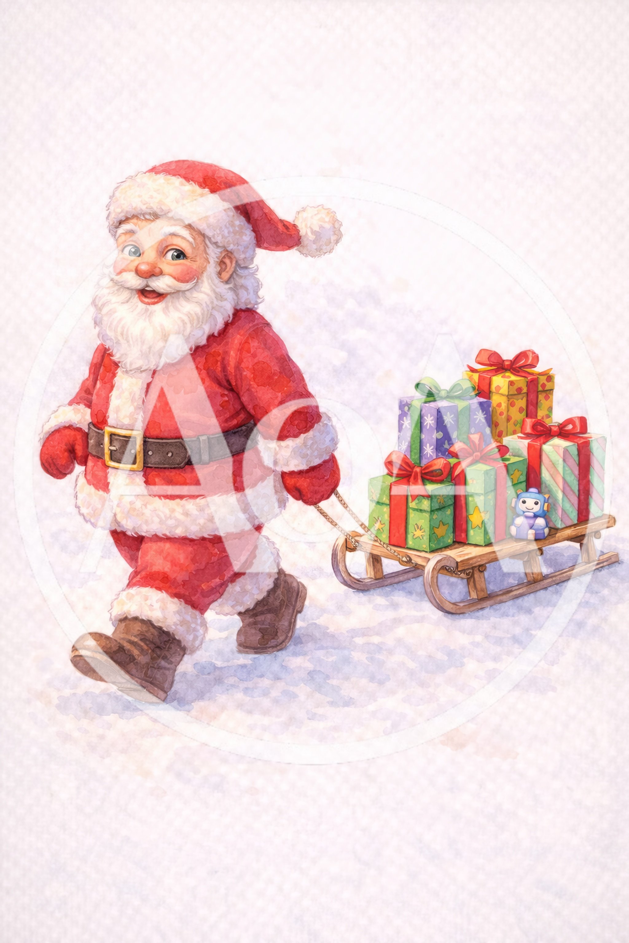 Santa Claus Pulling A Sleigh Full Of Christmas Gifts