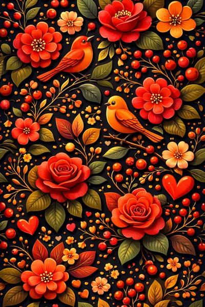 Seamless Pattern of Red Birds and Autumn Flowers