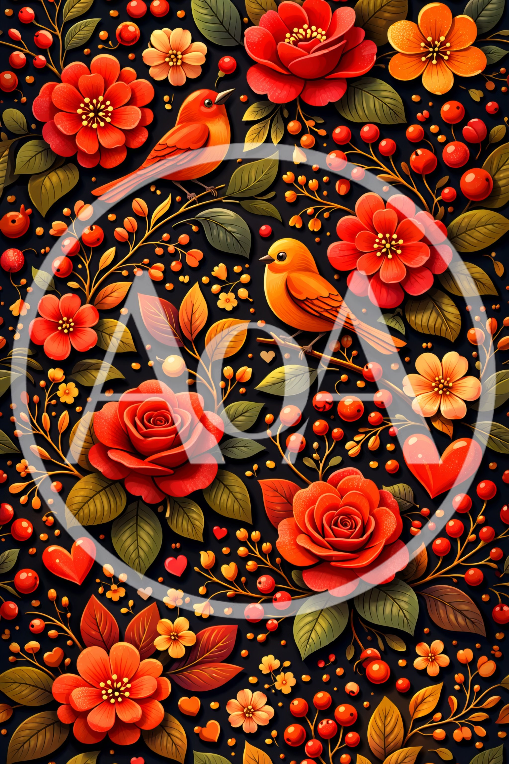 Seamless Pattern of Red Birds and Autumn Flowers
