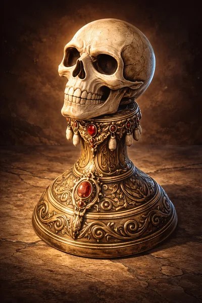Human Skull Resting On An Ornate Golden Pedestal