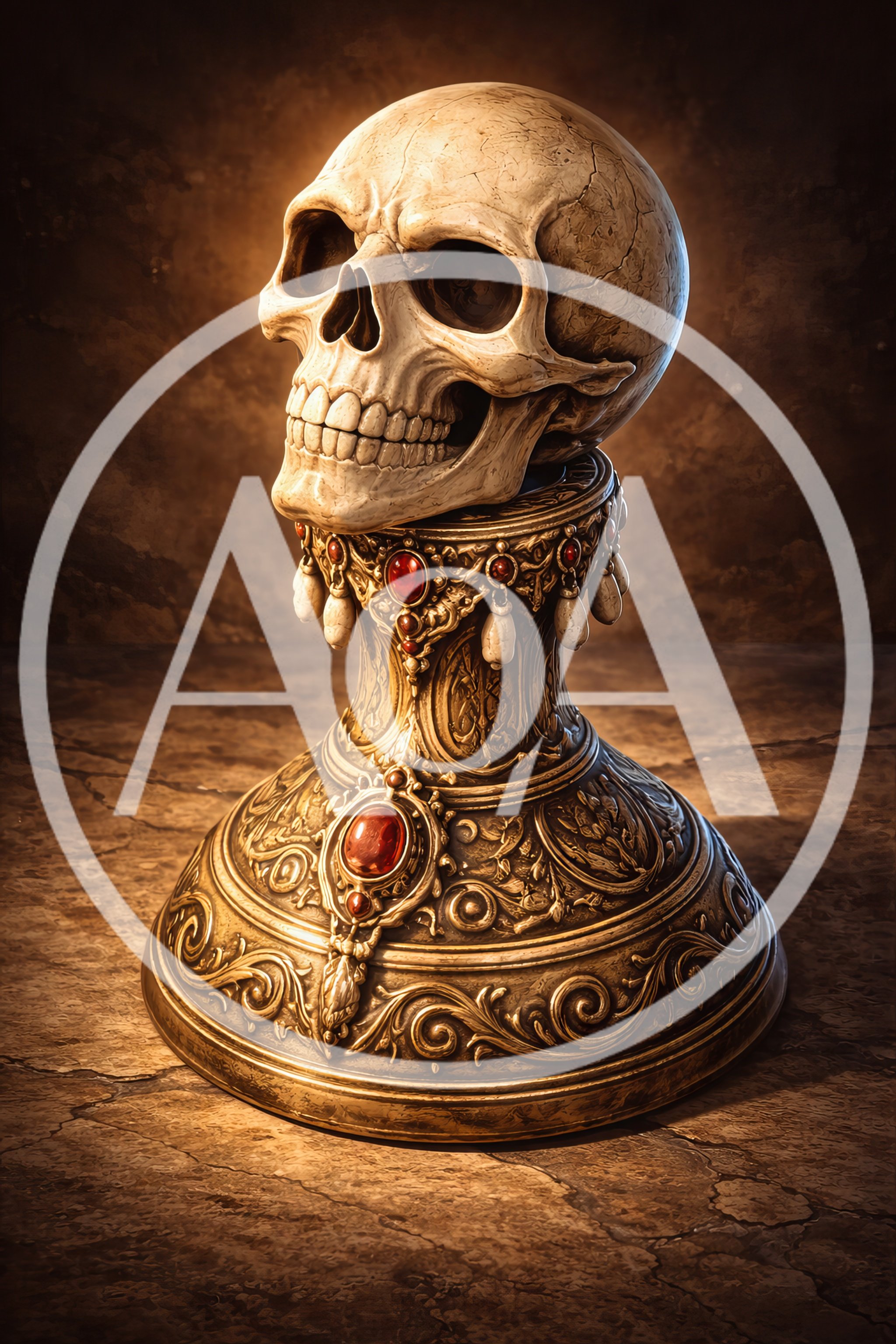 Human Skull Resting On An Ornate Golden Pedestal