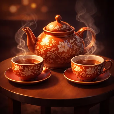 Steaming Tea Set On A Wooden Table