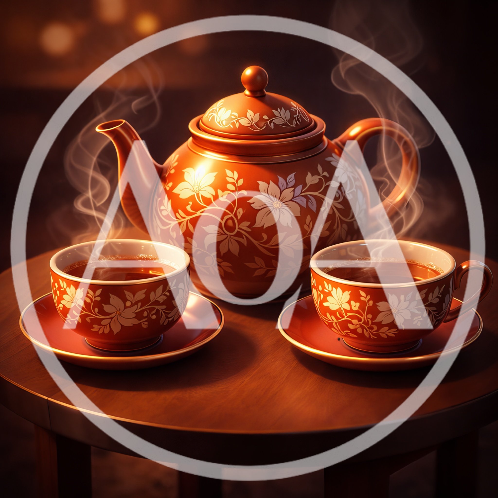 Steaming Tea Set On A Wooden Table