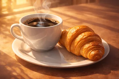 Steaming Cup Of Coffee And Fresh Croissant On Plate