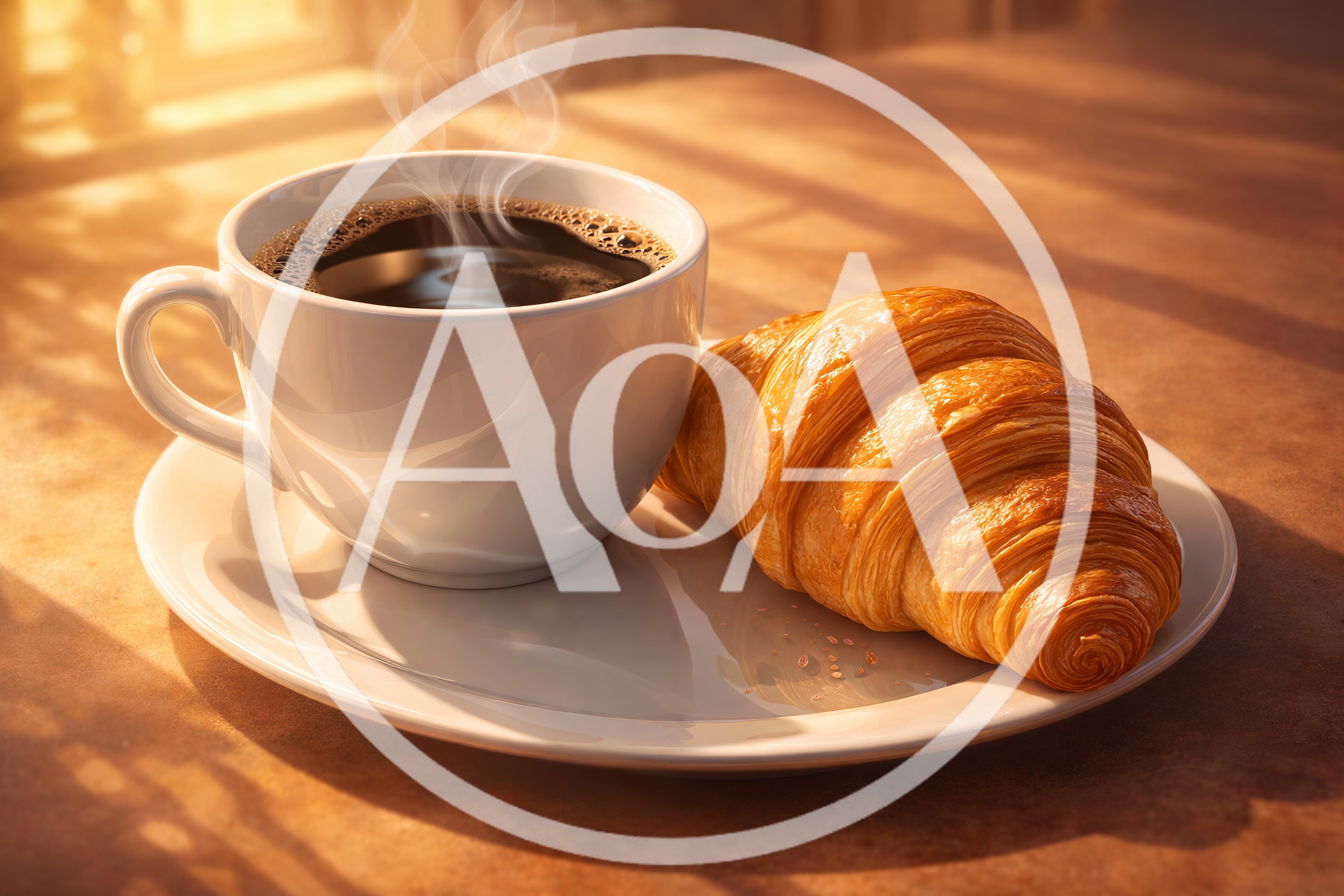 Steaming Cup Of Coffee And Fresh Croissant On Plate