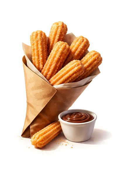 Fresh Churros Served In A Paper Cone With Chocolate Sauce