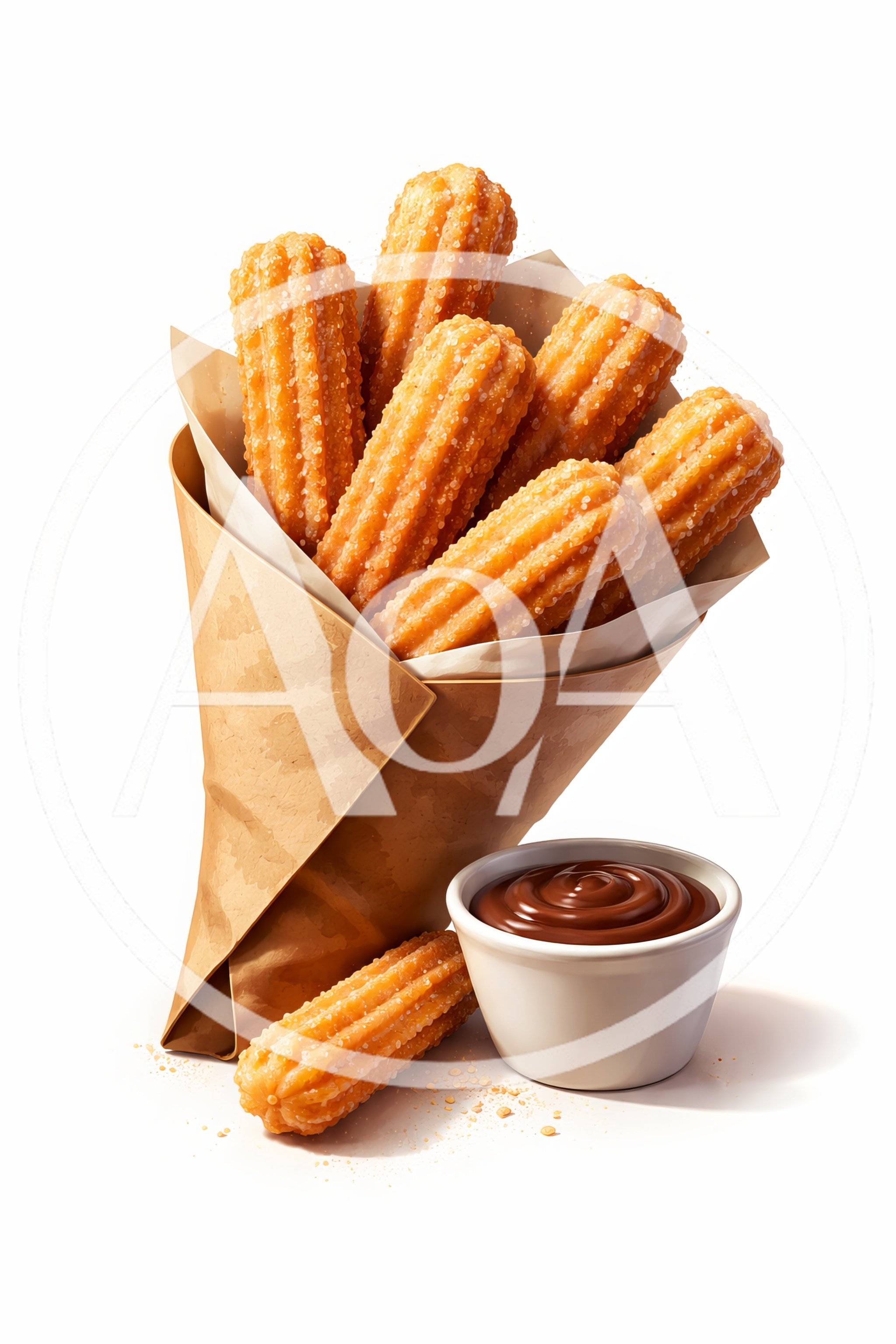Fresh Churros Served In A Paper Cone With Chocolate Sauce