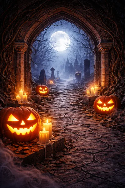 Spooky Halloween Path With Jack O Lanterns And Candles