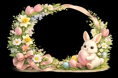 Cute White Easter Bunny With Colorful Eggs And Floral Wreath