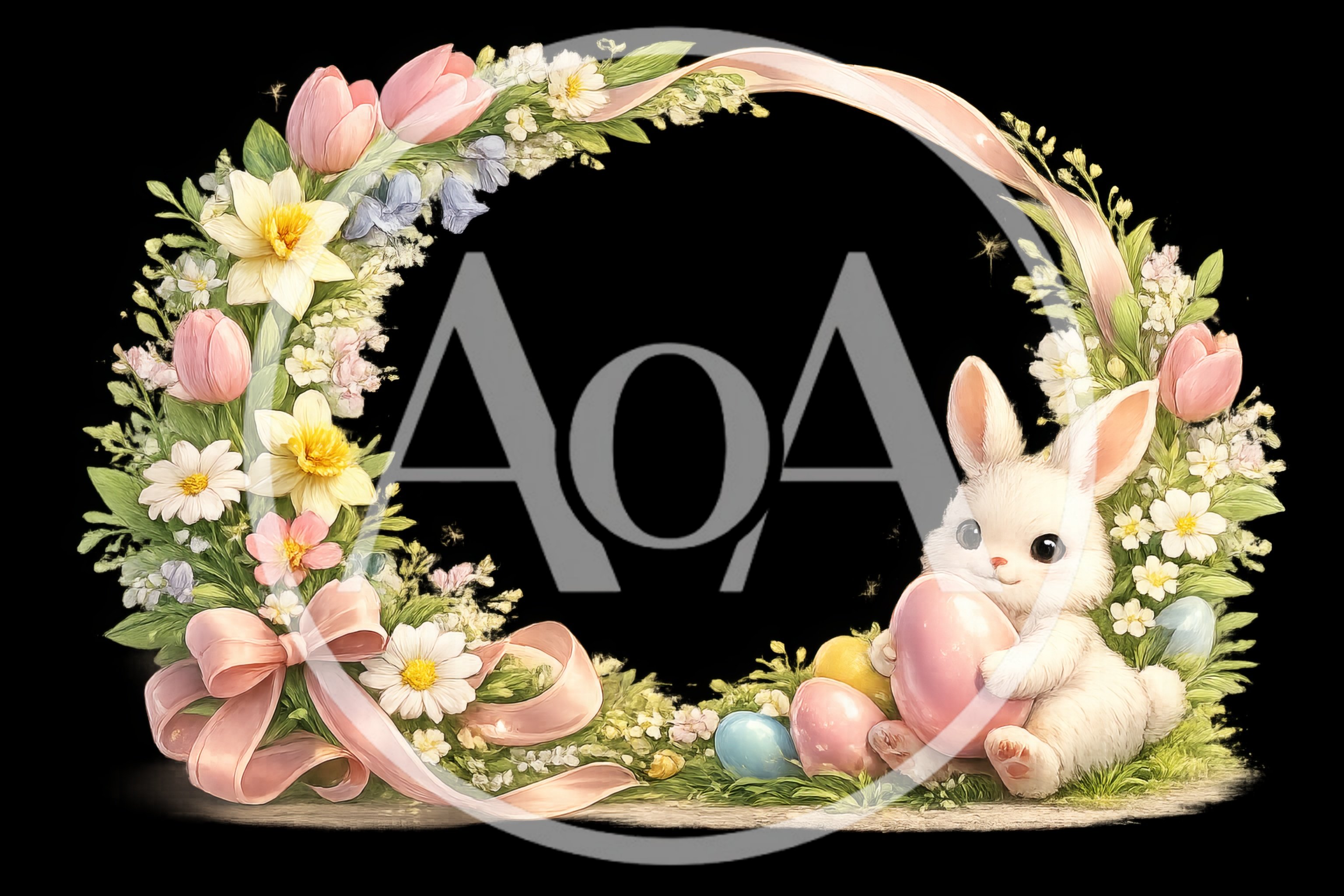 Cute White Easter Bunny With Colorful Eggs And Floral Wreath