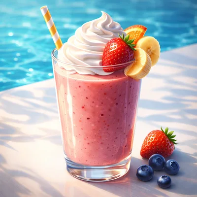 Strawberry Banana Smoothie With Whipped Cream By Poolside