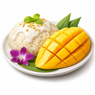 Thai Mango Sticky Rice Dessert on White Plate