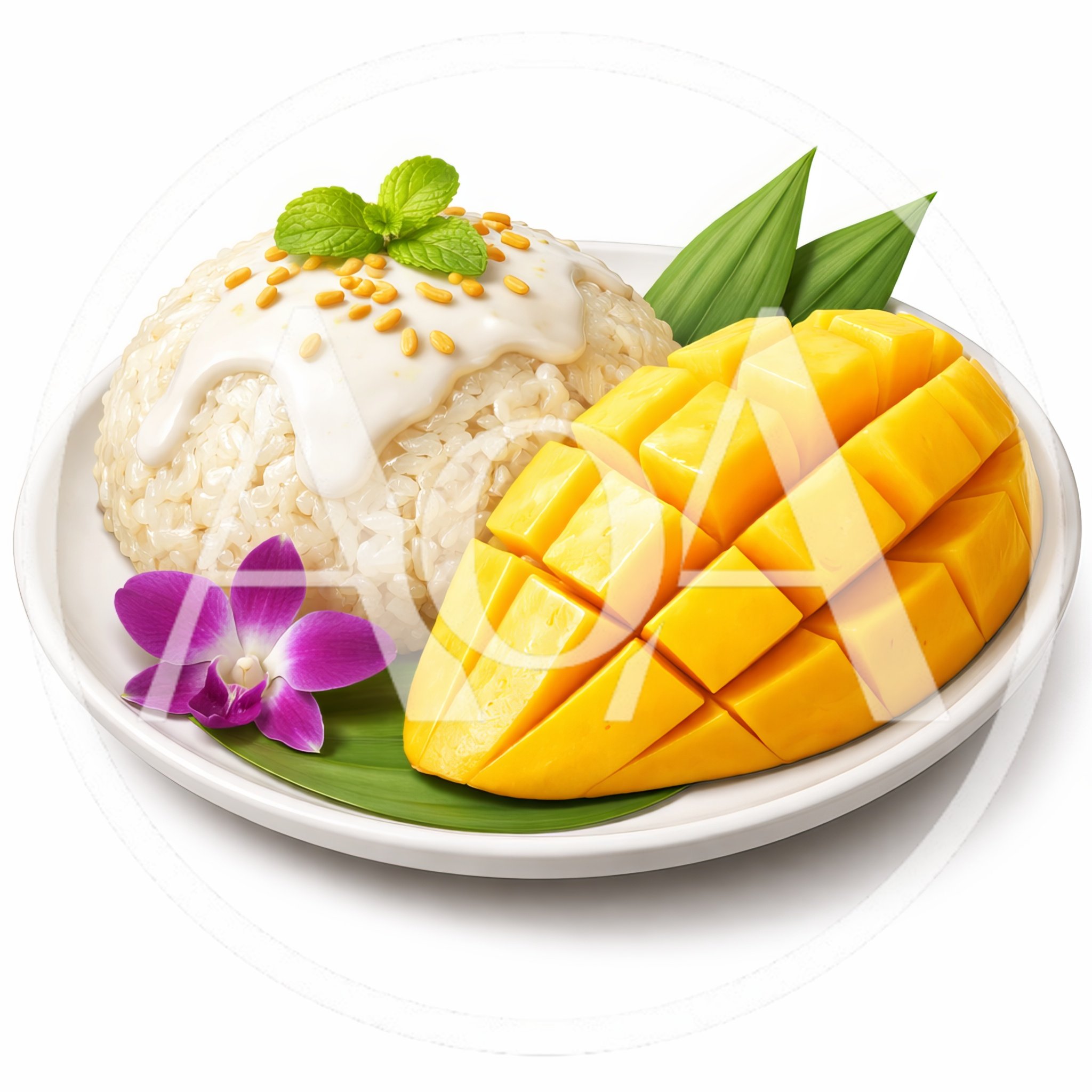 Thai Mango Sticky Rice Dessert on White Plate