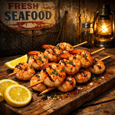 Grilled Shrimp Skewers on Rustic Wooden Board