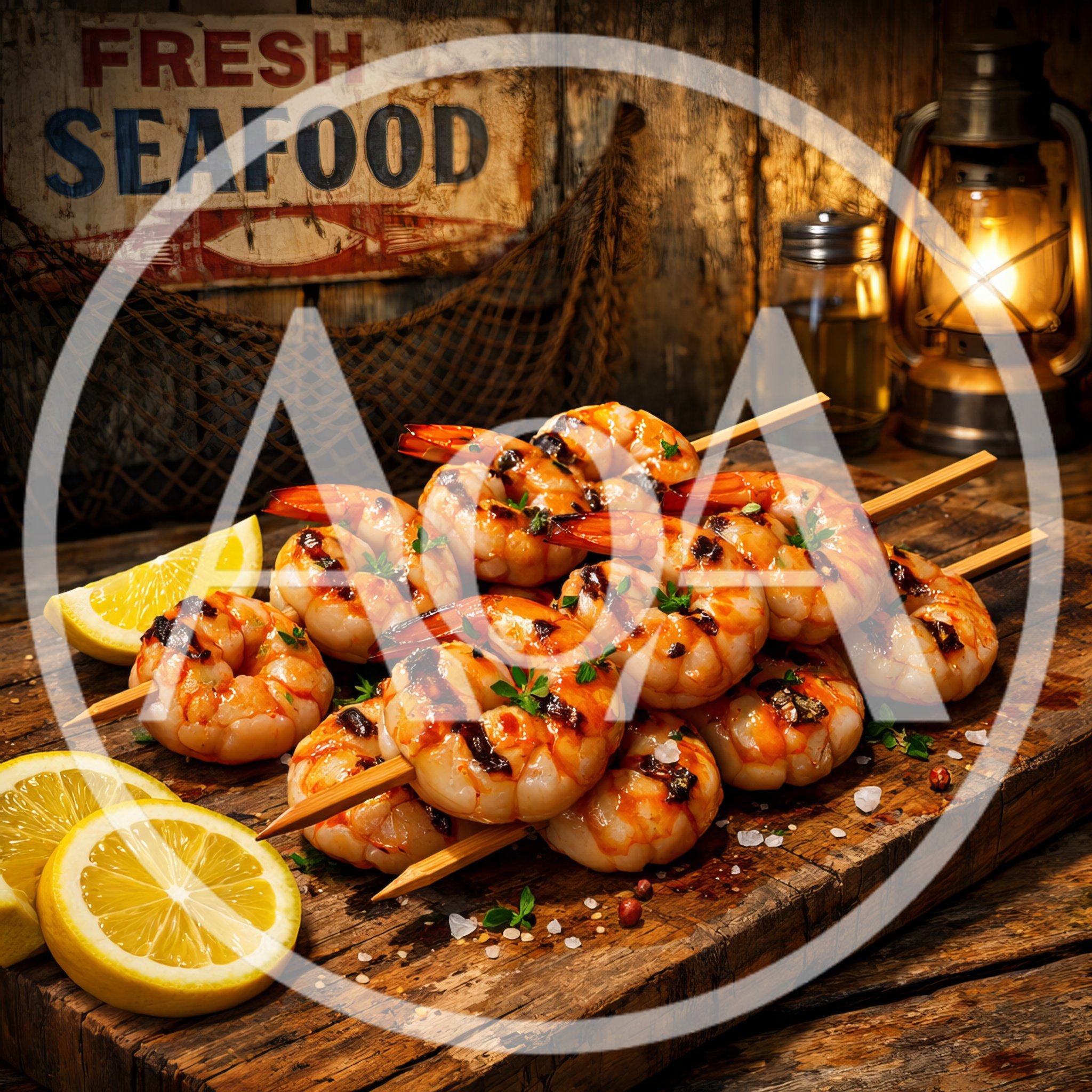 Grilled Shrimp Skewers on Rustic Wooden Board