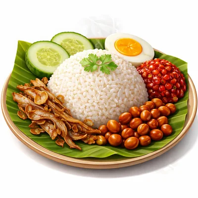 Nasi Lemak Dish With Rice And Traditional Sides