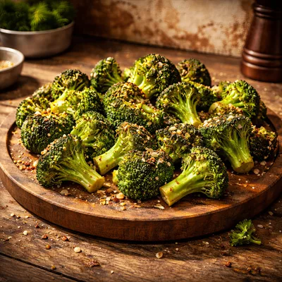 Roasted Broccoli Florets On A Wooden Serving Board
