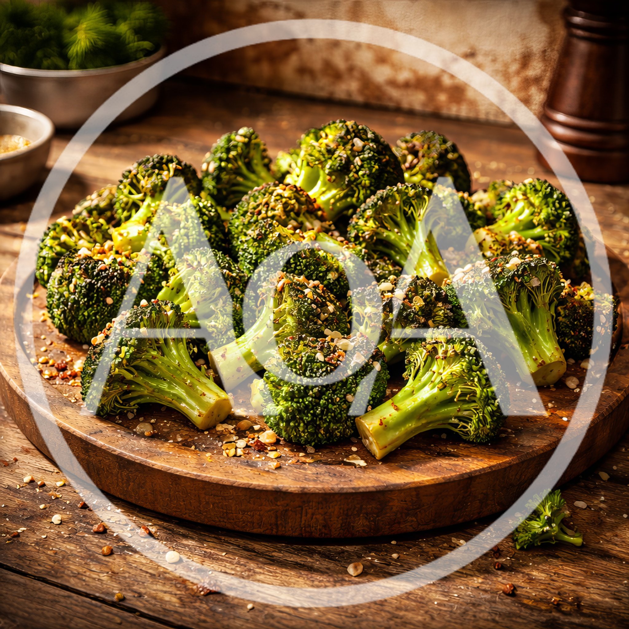 Roasted Broccoli Florets On A Wooden Serving Board