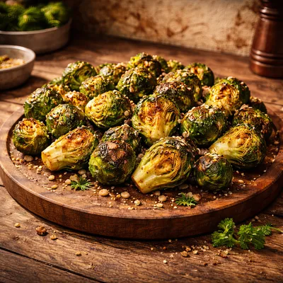 Roasted Brussels Sprouts on a Wooden Serving Board