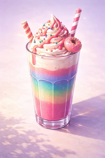 Rainbow Layered Milkshake With Whipped Cream And Donut