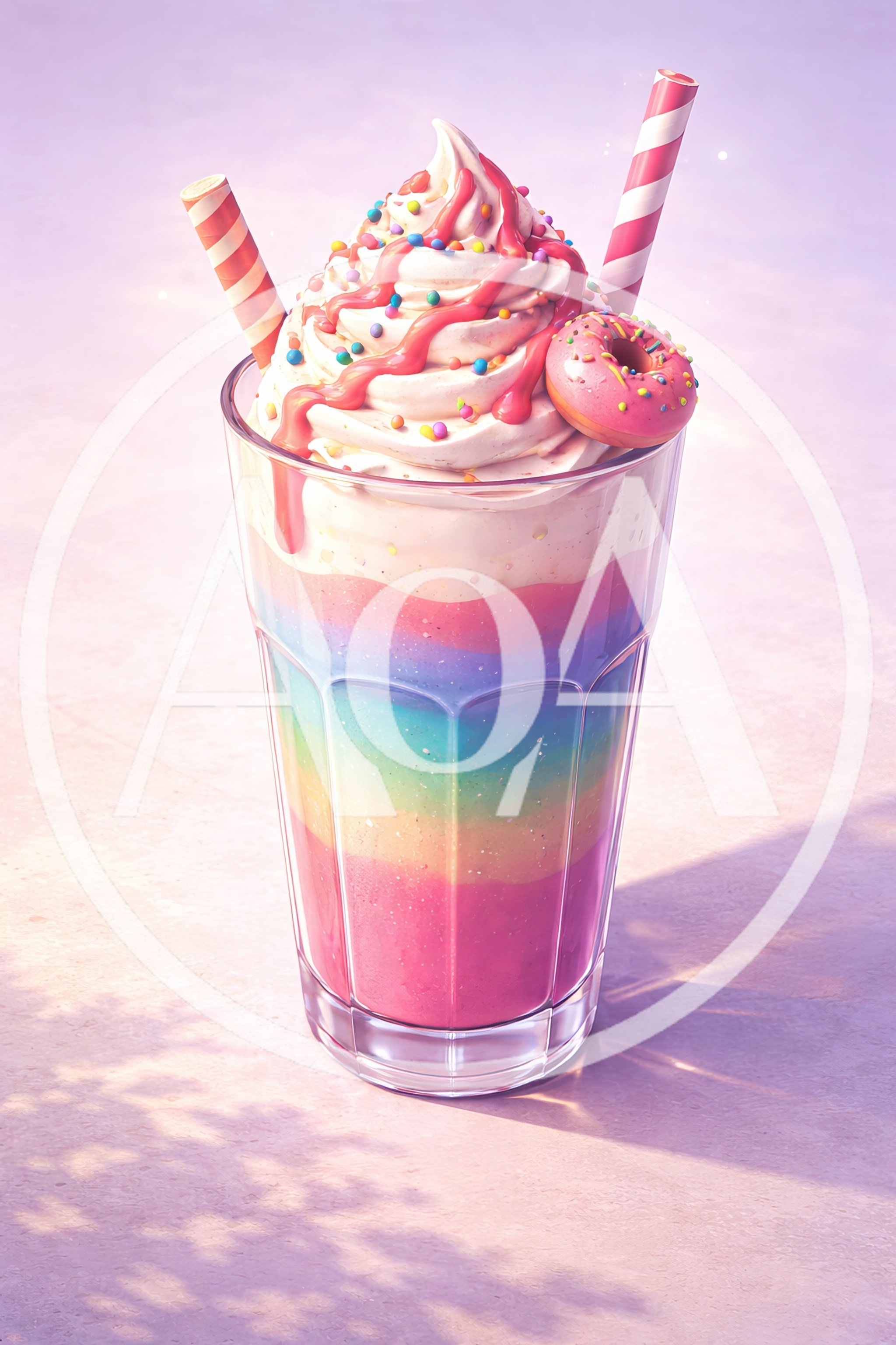 Rainbow Layered Milkshake With Whipped Cream And Donut