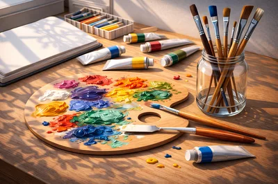 Artist Palette With Oil Paints And Brushes