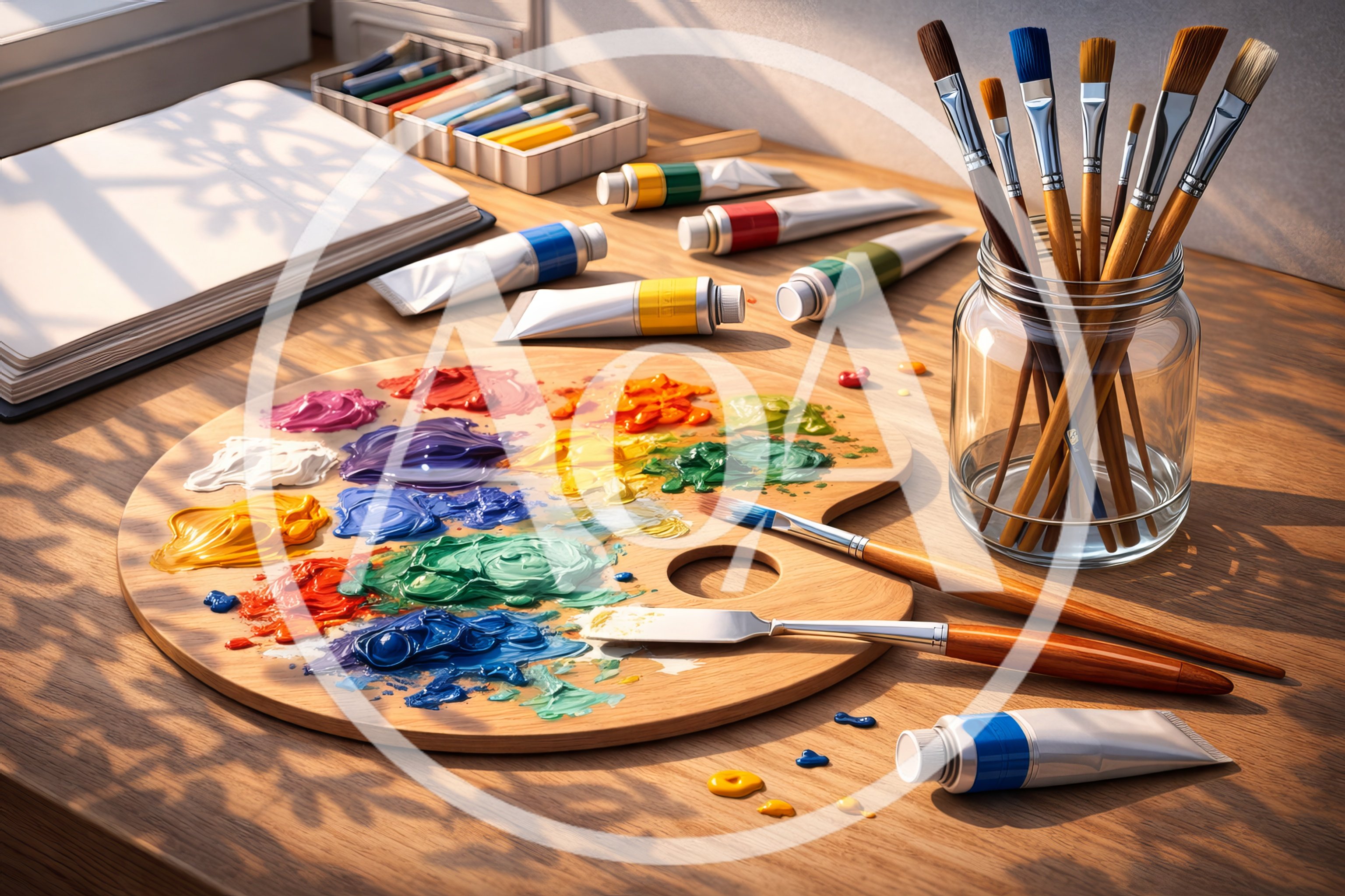 Artist Palette With Oil Paints And Brushes