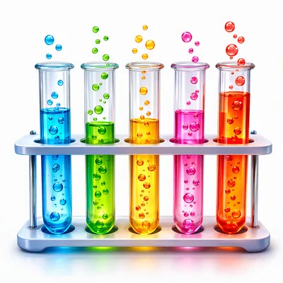 Five Colorful Test Tubes In A Laboratory Rack