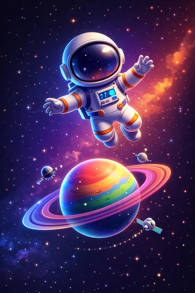 Cute Cartoon Astronaut Floating Near Colorful Ringed Planet