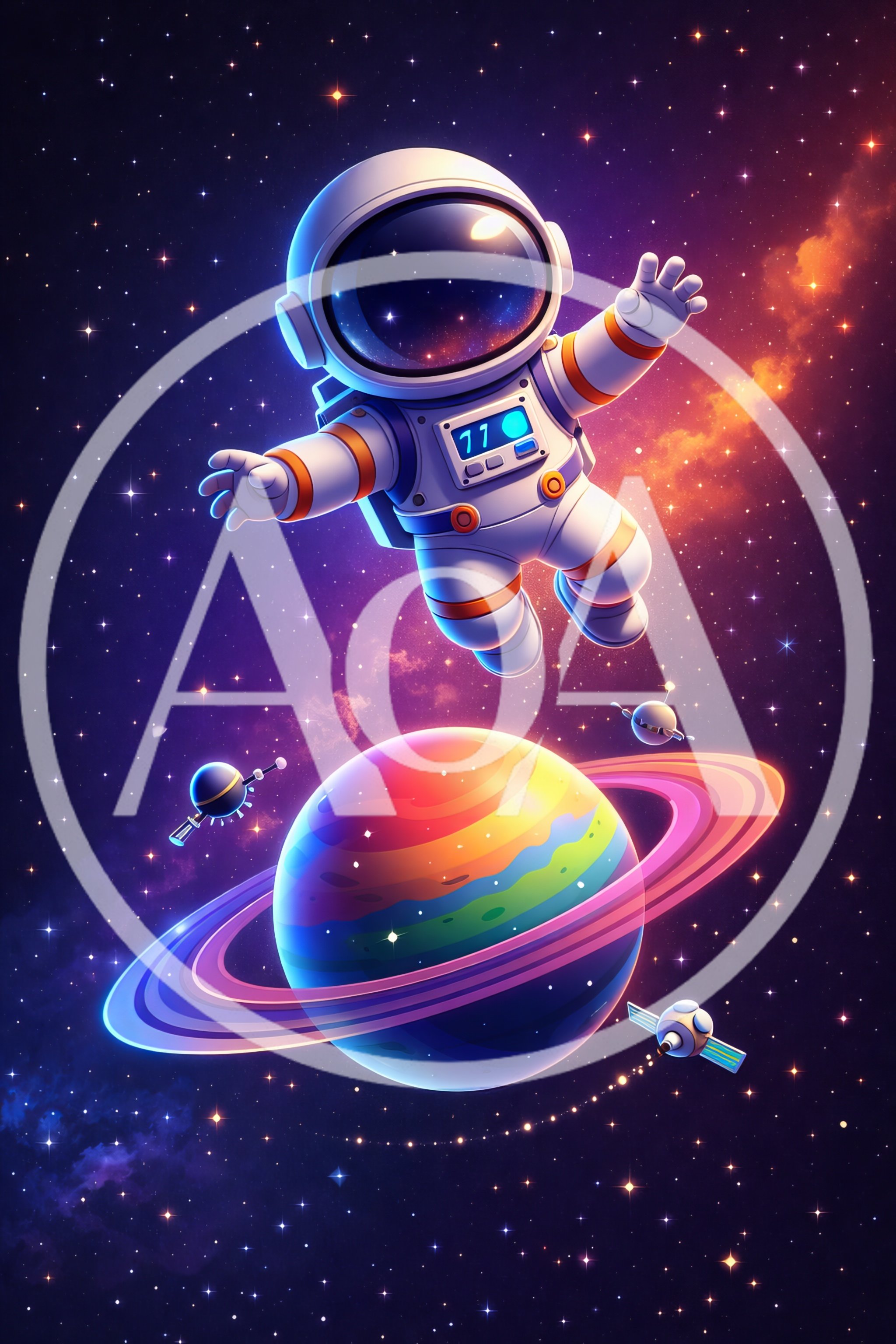 Cute Cartoon Astronaut Floating Near Colorful Ringed Planet