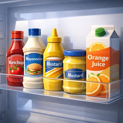 Condiments and Orange Juice Inside Refrigerator Door Shelf