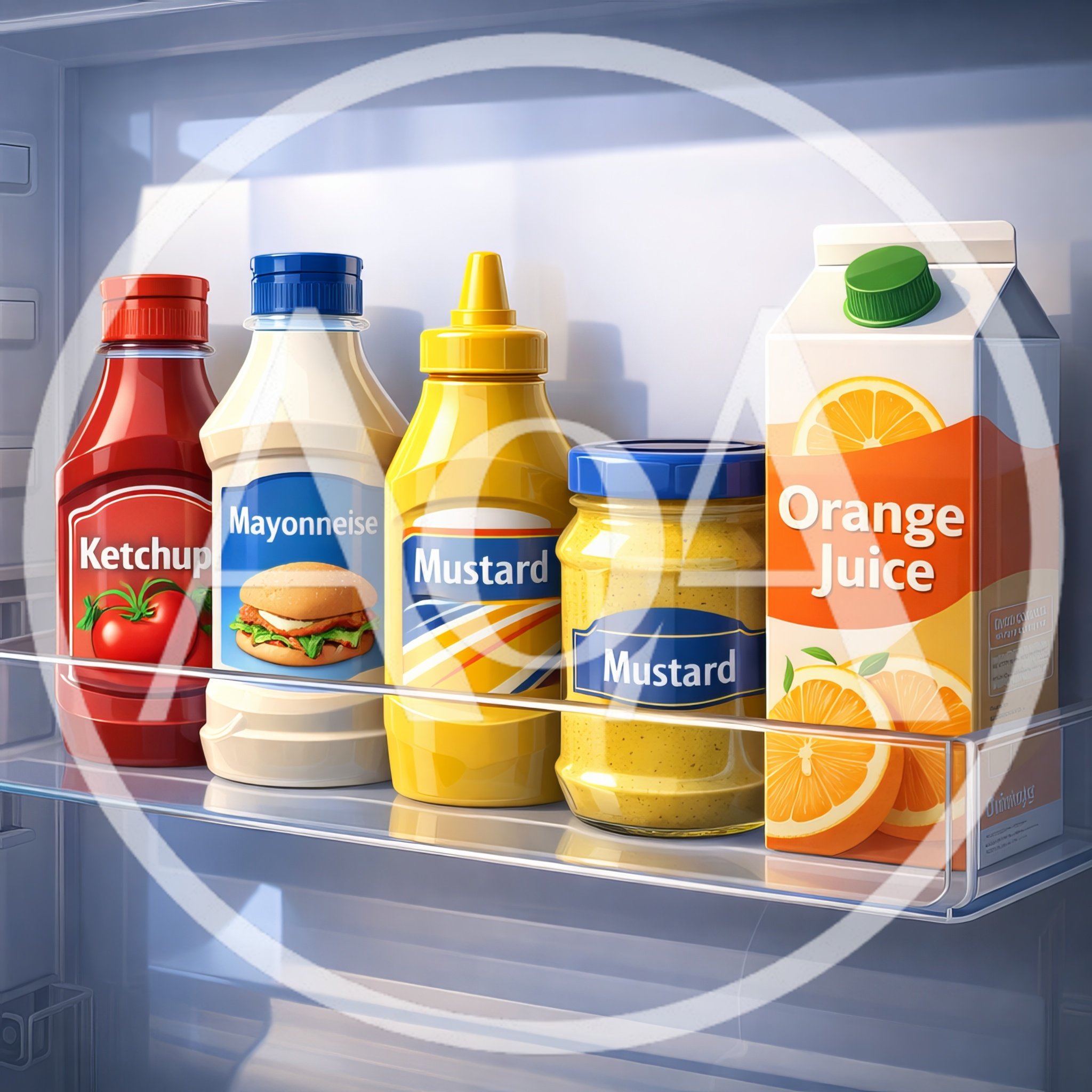 Condiments and Orange Juice Inside Refrigerator Door Shelf