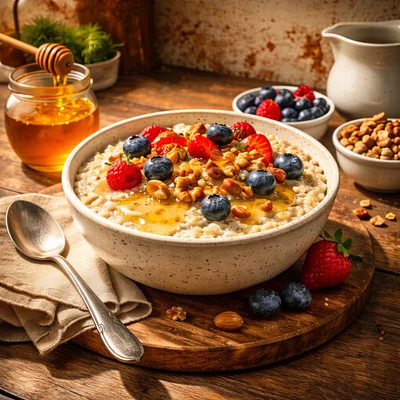 Bowl Of Oatmeal With Fresh Berries And Honey