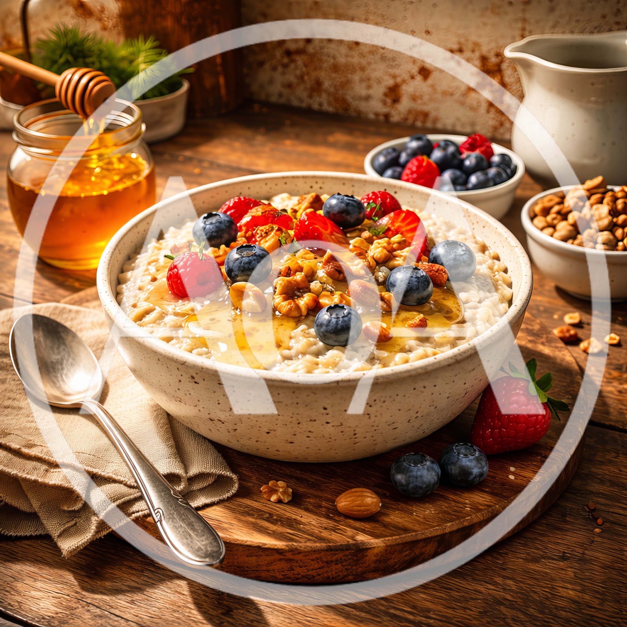Bowl Of Oatmeal With Fresh Berries And Honey