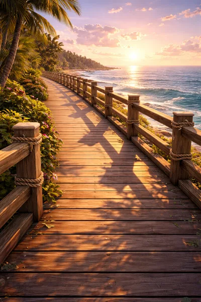 Wooden Boardwalk Along Tropical Coastline At Sunset