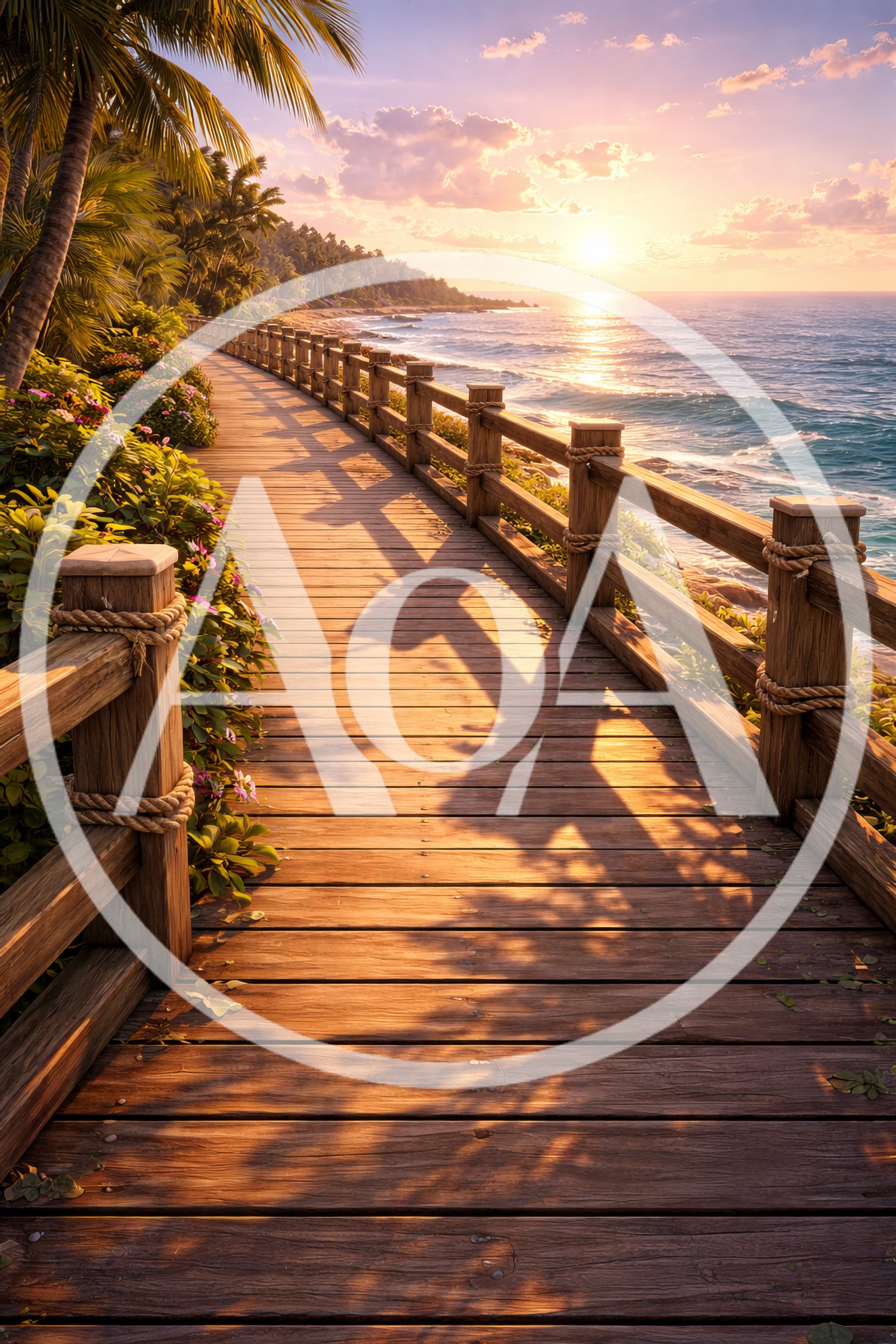 Wooden Boardwalk Along Tropical Coastline At Sunset