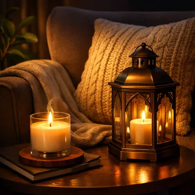Cozy Living Room Setting With Candle And Lantern