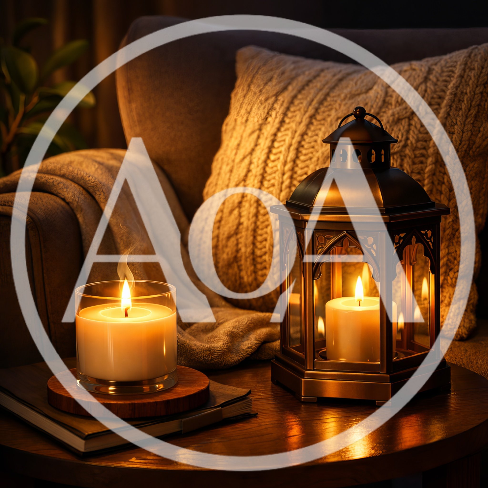 Cozy Living Room Setting With Candle And Lantern