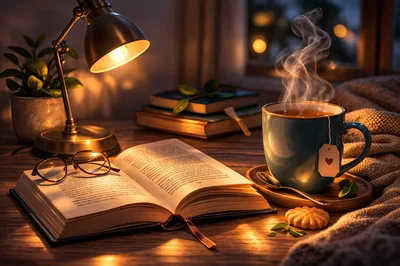 Cozy Evening Reading Scene With Tea And Book