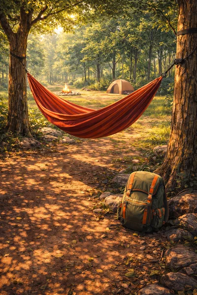 Camping Scene With Hammock And Backpack In Forest